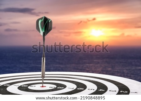 Dartboard with hit bullseye against sea and sky, closeup