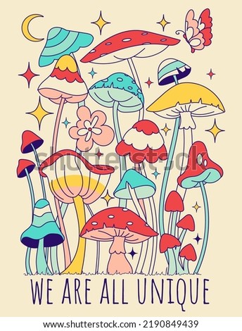 Groovy doodle style drawing poster or colorful print with mushrooms and slogan "We are all unique". Retro Fun spring mystery graphics with fairy agaric, toadstool, fungi, blooming florals Royalty-Free Stock Photo #2190849439