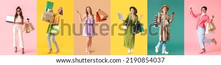 Set of women with bags, laptops and parcels on color background. Online shopping Royalty-Free Stock Photo #2190854037