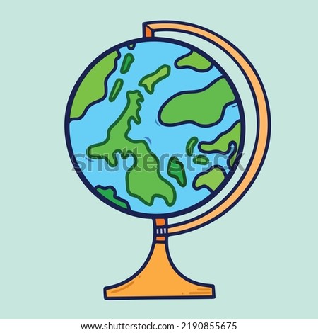 Globe with gold stand. Earth ornament decoration for geography studying object vector illustration icon with cartoon style art flat colored