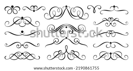 Calligraphic swash design elements. Vintage ornament swirls, abstract line scrolls. Retro flourish label border, page delimiter, text dividers. Victorian vignette ink pen drawn outline pattern frame Royalty-Free Stock Photo #2190861755