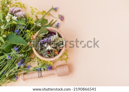 Homeopathy and herbal medicine concept. Bouquet of wildflowers and wooden mortar and pestle with dry herbs on a beige background with copy space Royalty-Free Stock Photo #2190866541