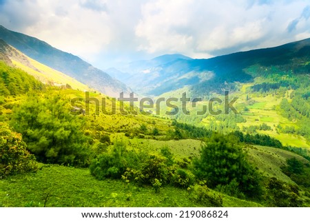 Himalayan mountains and rice field, Nepal Royalty-Free Stock Photo #219086824