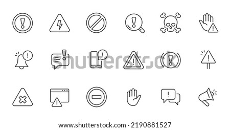 Alert, risk sign line icon set. Caution, warning, exclamation mark thin editable line stroke icon. Alert information, accident notification vector illustration. Royalty-Free Stock Photo #2190881527