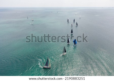 Aerial top view of sailing yachts regatta race on sea near Varna in Bulgaria, Black sea Royalty-Free Stock Photo #2190883251