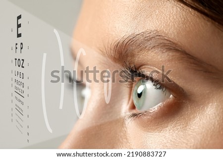 Closeup view of woman and eye chart illustration. Visiting ophthalmologist Royalty-Free Stock Photo #2190883727