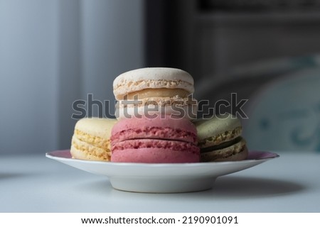 Mix of appetizing macarons in plate. Blurry background. Sweet concept. Excellent image for dessert banners and advertisements. 