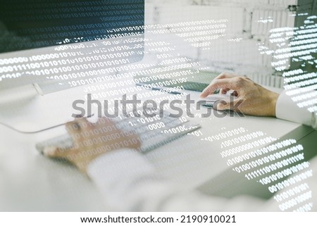 Double exposure of digital America map and hands typing on laptop on background, research and strategy concept