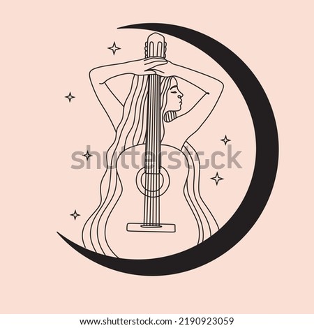 Woman play Acoustic guitar Moon Stars Solo singer Hand drawn line art illustration. Magic line drawing girl musician sound 