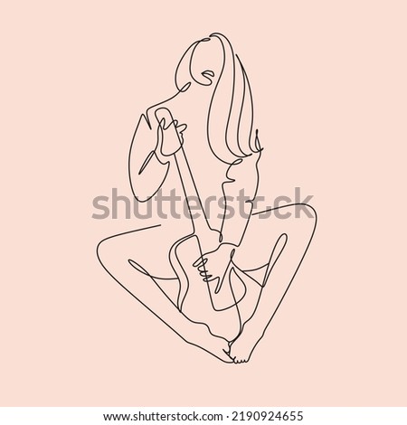 Continuous line art woman playing guitar. Line drawing minimalist music player Vector