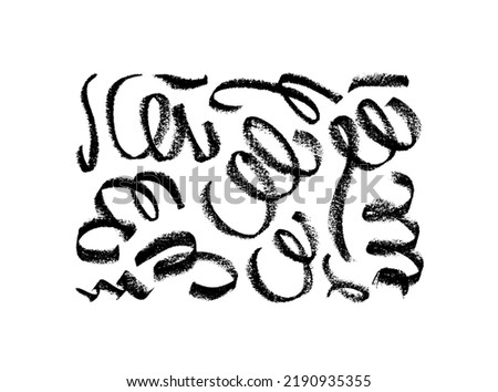 Charcoal curved lines and wavy brushstrokes isolated on white background. Charcoal pencil scribble vector set. Pencil stroke lines, dry smears, squiggles. Hand drawn vector sketch drawing