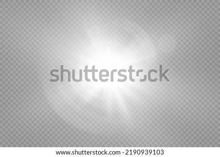 Star silver burst with brilliance, glow star, glowing light burst on transparent background, white sun rays, light effect, flare of sunshine with rays, bokeh effect, glare, vector illustration Royalty-Free Stock Photo #2190939103