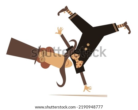 Cartoon man in the top hat. 
Funny long mustache man in the top hat staying on one hand with legs over head. Illustration on white background
