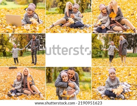 Picture of autumn fun outdoor, collage of autumnal leisure time outside, happy couple in autumnal park, bright yellow sun shine, beautiful fall forest, orange sunset, love concept in autumn