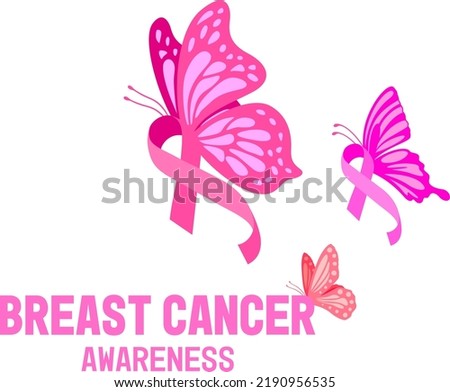 Breast cancer awareness design with butterflies. Pink ribbon symbol. Vector illustration.