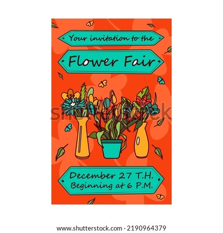 Bunch in vase, sunflowers illustration with text, time, date on orange and green background. Flowers party invitation card. Festival or event concept for flyer and posters design