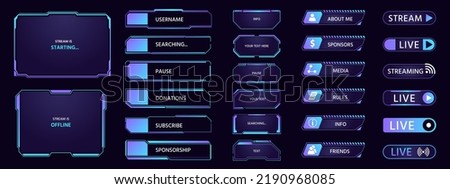 Game stream. HUD futuristic overlay with frames buttons banners and panels, dashboard popup window layout for TV and game streaming. Vector border UI frame to game interface stream illustration Royalty-Free Stock Photo #2190968085
