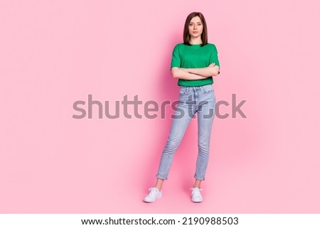 Full size photo of pretty young lady folded arms strict manager director dressed trendy green garment isolated on pink color background