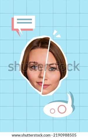 Vertical collage picture of girl head divided face chatting communicate bubble isolated on checkered background
