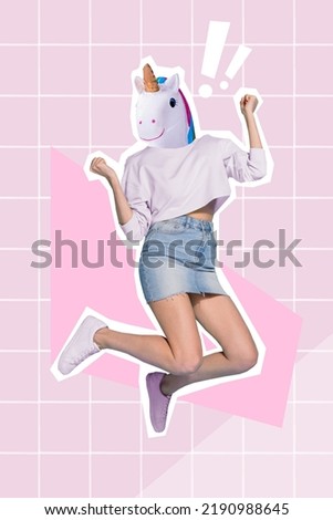 Photo artwork minimal picture of funny funky lady wear unicorn head mask rising fists isolated drawing background
