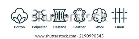 Set of fabric types or product materials like cotton, leather, wool, polyester, elastane. Outline icons. Synthetic and natural fibres. Cotton, polyester, wool and leather icons. Vector illustration