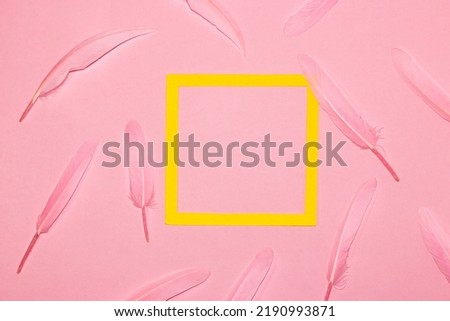 yellow frame as copy space on a pink background, next to pink feathers, sweet design, minimal