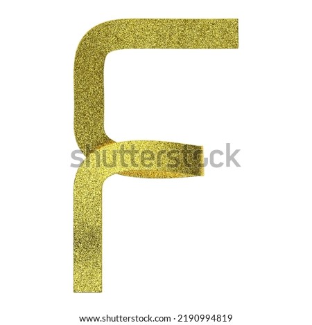 Letter F made of golden ribbon with glitter, isolated on white, 3d rendering