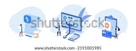
Medical illustration set. Doctor presenting health insurance services and patients id card and prescription. Medicine and healthcare concept. Vector illustration.