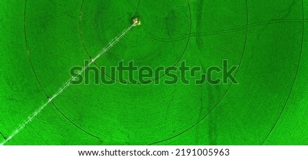 Aerial view from a drone flying above a green farm field growing crops growth with irrigation pivot sprinklers