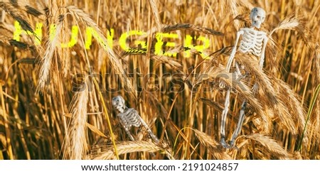Inscription on the picture is "Hunger". Human skeleton against a background of ripe yellow cereals. Concept of the food crisis. Problem of world famine. Wheat field close up.