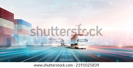 Technology Digital Future of Cargo Container Logistics Transport Concept, Double Exposure Polygon Wireframe of Container Freight Truck, Plane, Modern futuristic Import Export Transportation Background