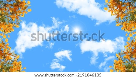 3d ceiling decoration image. Bottom-up view of yellow flowers and sunny sky. Royalty-Free Stock Photo #2191046105