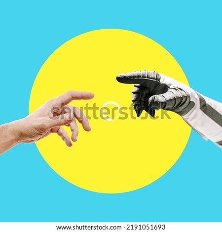 Digital collage of contemporary art. Helping and saving hand with a download badge. Astronaut reaching out to man on yellow circle and blue background. God and humanity. Artificial intelligence  Royalty-Free Stock Photo #2191051693