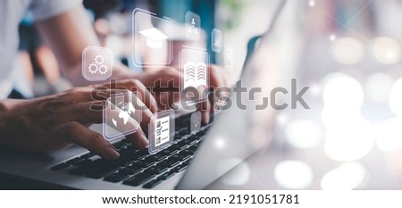 Concept of Online education. man use Online education training and e-learning webinar on internet for personal development and professional qualifications. Digital courses to develop new skills. Royalty-Free Stock Photo #2191051781