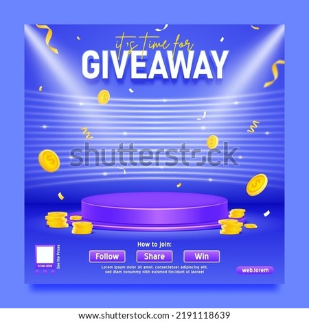 Giveaway template with podium and spotlight, flying golds coin, neon line background Royalty-Free Stock Photo #2191118639