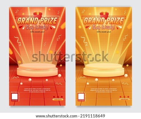 Grand prize announcement social media story template with podium and flying golds coin, vector illustration. Royalty-Free Stock Photo #2191118649