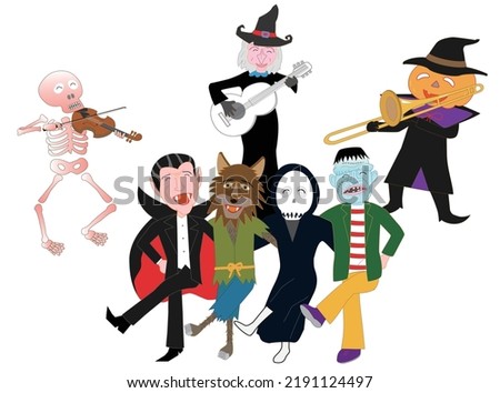 Witches and jack-o-lanterns celebrate Halloween by playing musical instruments and dancing happily.