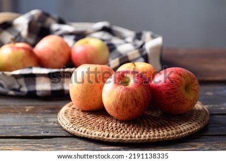 Red apple fruit on wooden background, Healthy fruit