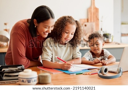 Mother teaching, learning and education with child studying, doing homework or writing in book during an at home lesson or homeschooling. Daughter in early childhood development enjoying fun Royalty-Free Stock Photo #2191140021