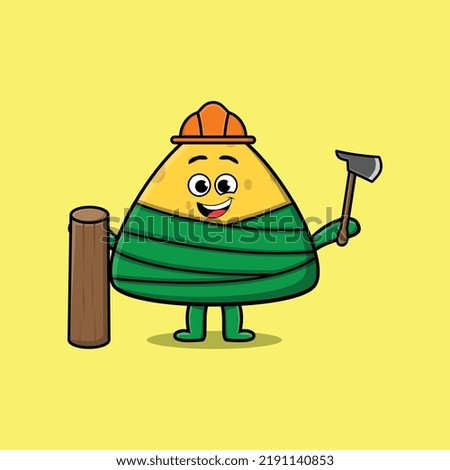 Cute cartoon chinese rice dumpling as carpenter character with ax and wood in flat modern style