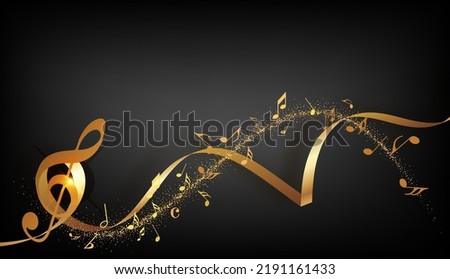 Music notes abstract. Golden Music notes on rainbow line wave background. Black G-clef and music notes isolated vector illustration Can be adapt to Brochure, Annual Report, Magazine, music poster.