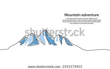 Continuous line drawing of a mountainous landscape. Minimalist horizon with mountain peaks in simple single line style. Winter sports adventure concept in doodle style. Editable strokes. Royalty-Free Stock Photo #2191173453
