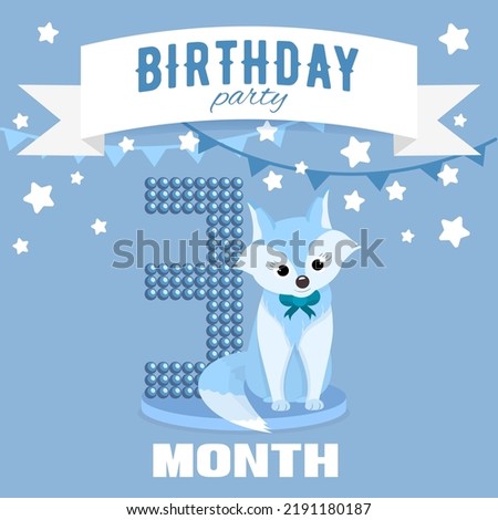 Birthday party invitation for the boy's third month birthday with little fox, stars and flags. Children's 3 month party. Blue color pallete.  Square format.  Flat illustration.