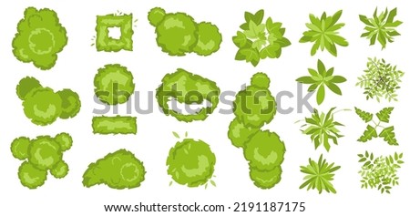 Trees and bushes top view for architectural and landscape design. Set of colored trees and plants for project, map, plan. Graphic, isolated on white. Vector Elements for design project of Green spaces Royalty-Free Stock Photo #2191187175