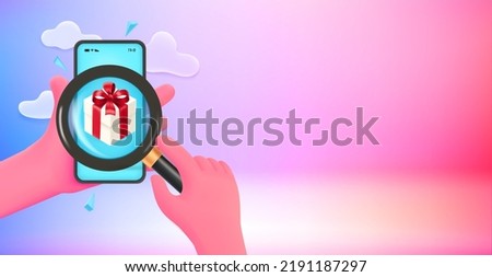 Receive present concept with smartphone and magnifier. 3d vector banner with copy space