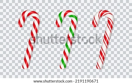 Christmas candy canes. Christmas stick. Traditional xmas candy with red, green and white stripes. Santa caramel cane with striped pattern. Vector illustration isolated on transparent background. Royalty-Free Stock Photo #2191190671
