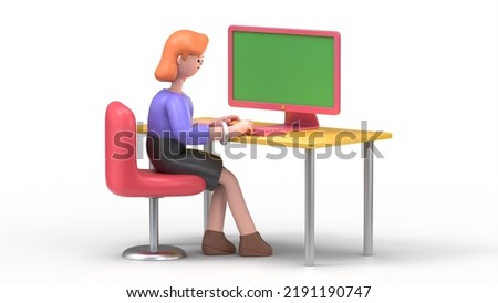 Green Screen Mock-up. Format 16:9.3D illustration of smiling businesswoman Ellen using laptop with blank screen on desk in home interior on Green Screen for footage and clipping path.
