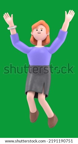 Green Screen Mock-up. Format 16:9.3D illustration of smiling businesswoman Ellen jumping celebrating success on Green Screen for footage and clipping path.
