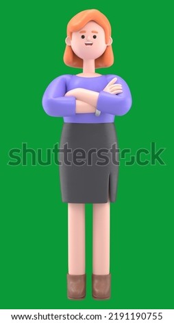 Green Screen Mock-up. Format 16:9.3D illustration of smiling businesswoman Ellen with arms crossed on Green Screen for footage and clipping path.
