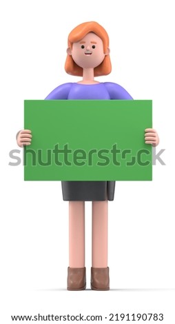 Green Screen Mock-up. Format 16:9.3D illustration of a smiling businesswoman Ellen holding green blank board on Green Screen for footage and clipping path.
